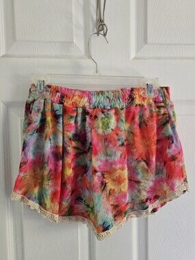 Handmade Tie Dye Lace Trim Shorts Pink Rainbow Boho Festival Size M